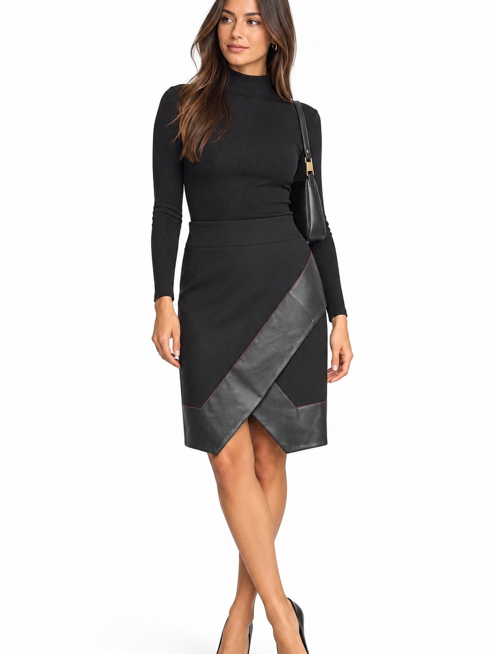 PortsPURE Black Faux Leather Asymmetrical Wrap Pencil Skirt Size 42 💛